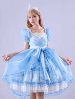 Lolitashow Exclusive Sweet Lolita Dress Short Sleeves Daily Casual Bowknot Satin Fabric Lolita Wedding Dress