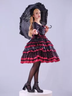 Lolitashow Exclusive Gothic Lolita Dresses Lace Flowers Jacquard Black Tea Party Half-Sleeve Dress -AYA Cosplay Shop 01bdde209d7a4d2ba106f9aa299211ad