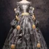 Gray Vintage Costume Rococo Lace Ruffles Off The Shoulder Flowers Beaded Ball Gown Dress Halloween