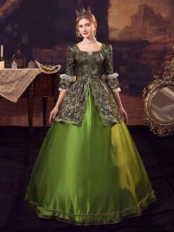 Prom Dress Victorian Dress Rococo Jacquard Dress Era Long Sleeves Green Vintage Dress With Hat