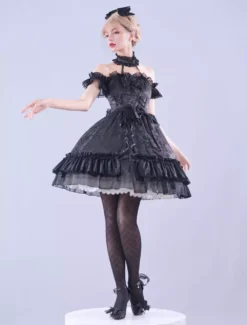 Lolitashow Exclusive Gothic Lolita Dresses Ruffles Lace Jacquard Sleeveless Black Summer Daily Casual Dress -AYA Cosplay Shop 05ef1f79e4714ce98c5b1bd0557f49b7