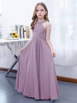 Lotus Pink Flower Girl Dress Chiffon Pleated Halter Sleeveless Kids Birthday Party Dresses -AYA Cosplay Shop 068cc563a5524d0c8d314cf246632072