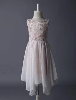 Blush Pink Flower Girl Boho Dress Tea Length Lace Chiffon Irregular Design Kids Party Dresses