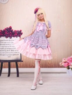 Lolitashow Sweet Purple Pink Lolita OP Dress Short Sleeves Layers Bows And Trim -AYA Cosplay Shop 07c2bb28 f22f 4eca a47e cb1ff56d716d