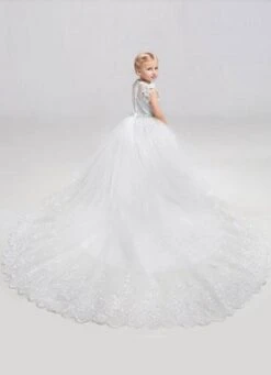Illusion Neckline Flower Girl Dress With Long Train
