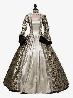 Victorian Dress Costumes Prom Dress Blond Print Lace Ruffle Trumpet Long Sleeves Square Neckline With Choker Victorian Era Clothing Vintage Costumes Clothing