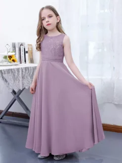 Pink Flower Girl Dress Chiffon Lace Jewel Neck Sleeveless Lotus Kids Birthday Party Dresses -AYA Cosplay Shop 1024c72e8f9a4e7f84e039f81ad097b3