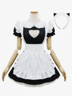 Maid Lolita Outfits Black Puff Sleeve Peter Pan Collar Two Tone OP One Piece Dress With Ruffles Apron And Headpieces