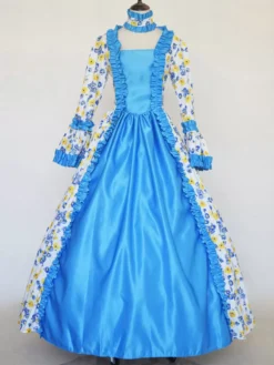 Baby Blue Retro Costumes Girl's Tattoo Print Lace Up Satin Fabric Set Choker Dress Gothic Marie Antoinette Costume 18th Century Costume