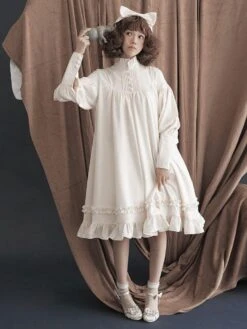 Sweet Lolita One Piece Dress Cotton Ruffle Button Ecru White Lolita OP