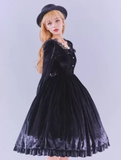 Lolitashow Exclusive Gothic Lolita Dresses Ruffles Lace Black Long Sleeve Velour Daily Casual Dress