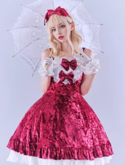 JSK Lolitashow Exclusive Sweet Lolita Dress Velour Sleeveless Jumper Lace Bows Ruffles Daily Casual Dress -AYA Cosplay Shop 1e8eae0a3b864c788e1c002cf49c94f0