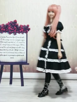 Lolitashow Cotton Black Lace Bow Short Sleeves Gothic Lolita Dress -AYA Cosplay Shop 20121102152334890BidIId