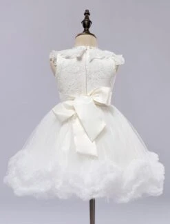 Flower Girl Dress White Satin Short Pageant Princess Dress With Lace Applique -AYA Cosplay Shop 201608021617587812667