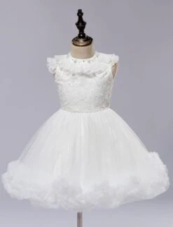 Flower Girl Dress White Satin Short Pageant Princess Dress With Lace Applique