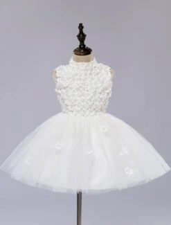 Flower Girl Dress White Toddler Pageant Tutu Dress With Lace Flower Applique -AYA Cosplay Shop 201608021625496555453