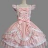 Lolitashow Sweet Lolita Dress Pink Cotton Bow Lace Ruffled Cap Sleeve Lolita One Piece Dress -AYA Cosplay Shop 201610181025274254577