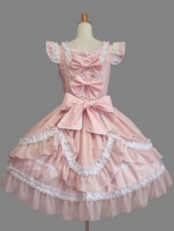 Lolitashow Sweet Lolita Dress Pink Cotton Bow Lace Ruffled Cap Sleeve Lolita One Piece Dress -AYA Cosplay Shop 201610181025274565287