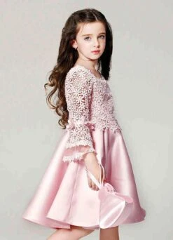 Blush Flower Girl Dress Boho Princess Lace Satin Bell Long Sleeve Flowers Knee Length Pageant Skater Dress -AYA Cosplay Shop 201610241558137647546