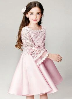 Blush Flower Girl Dress Boho Princess Lace Satin Bell Long Sleeve Flowers Knee Length Pageant Skater Dress -AYA Cosplay Shop 201610241558138563770