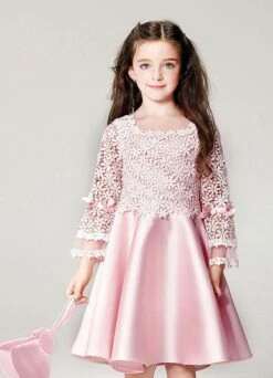 Blush Flower Girl Dress Boho Princess Lace Satin Bell Long Sleeve Flowers Knee Length Pageant Skater Dress