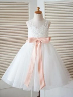 White Flower Girl Dress Princess Satin Bow Lace Sleeveless Tulle Tea-Length Pageant Dress
