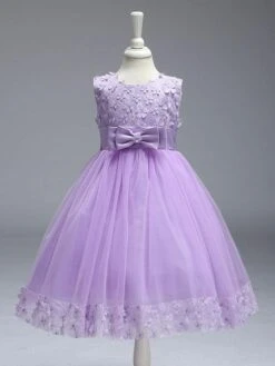 Flower Girl Dresses Princess Lilac Purple Lace Tulle Ribbon Bows Kids Tutu Party Dress