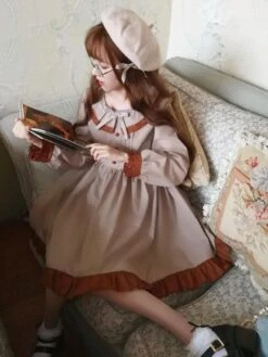 Classic Lolita OP One Piece Dress Khaki Scoop Neck Long Sleeve Two Tone Bows Lolita Dresses -AYA Cosplay Shop 201709121647515085484
