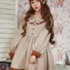 Classic Lolita OP One Piece Dress Khaki Scoop Neck Long Sleeve Two Tone Bows Lolita Dresses