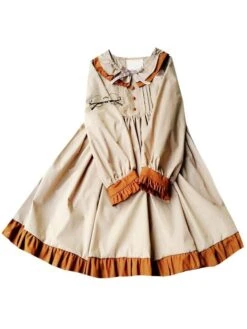 Classic Lolita OP One Piece Dress Khaki Scoop Neck Long Sleeve Two Tone Bows Lolita Dresses -AYA Cosplay Shop 201709121647535088487