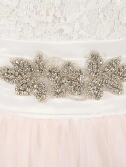 Flower Girl Dresses Lace Tulle Bows Satin Pageant Dresses Round Neck Long Sleeve Sash Blush Pink Floor Length Party Dress -AYA Cosplay Shop 201709251614387672137