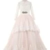 Flower Girl Dresses Lace Tulle Bows Satin Pageant Dresses Round Neck Long Sleeve Sash Blush Pink Floor Length Party Dress -AYA Cosplay Shop 201709251614395025801