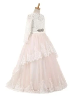 Flower Girl Dresses Lace Tulle Bows Satin Pageant Dresses Round Neck Long Sleeve Sash Blush Pink Floor Length Party Dress -AYA Cosplay Shop 201709251614398889668