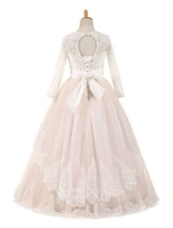 Flower Girl Dresses Lace Tulle Bows Satin Pageant Dresses Round Neck Long Sleeve Sash Blush Pink Floor Length Party Dress -AYA Cosplay Shop 201709251614402815193