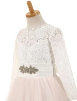 Flower Girl Dresses Lace Tulle Bows Satin Pageant Dresses Round Neck Long Sleeve Sash Blush Pink Floor Length Party Dress -AYA Cosplay Shop 201709251614410632202