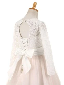 Flower Girl Dresses Lace Tulle Bows Satin Pageant Dresses Round Neck Long Sleeve Sash Blush Pink Floor Length Party Dress -AYA Cosplay Shop 201709251614415291341