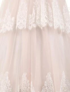 Flower Girl Dresses Lace Tulle Bows Satin Pageant Dresses Round Neck Long Sleeve Sash Blush Pink Floor Length Party Dress -AYA Cosplay Shop 201709251614419457103