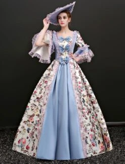 Victorian Dress Costume Prom Dress Rococo Vintage Victorian Era Outfits Illusion Blue Jacquard Retro Ball Gown Costumes Halloween