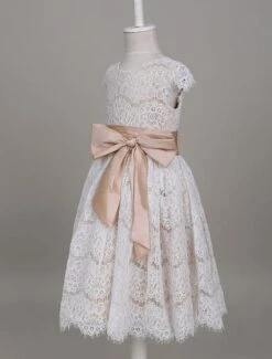 Flower Girl Dresses Lace Champagne Short Sleeve Bow Sash A Line Formal Party Dress For Girls Free Customization -AYA Cosplay Shop 201710231800042255027