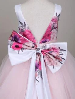 Princess Flower Girl Dresses Tulle Soft Pink Kids Pageant Dress Printed Bow Long Party Dress With Train -AYA Cosplay Shop 201710231800528374205