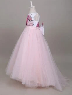 Princess Flower Girl Dresses Tulle Soft Pink Kids Pageant Dress Printed Bow Long Party Dress With Train -AYA Cosplay Shop 201710231800547138971