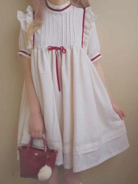 Sweet Lolita OP One Piece Dress Short Sleeve Stand Collar Chiffon White Lolita Dress 3 Sweet Lolita OP One Piece Dress Short Sleeve Stand Collar Chiffon White Lolita Dress