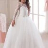 White Flower Girl Dresses Princess Pageant Dress Long Sleeve Lace Ball Gowns Kids Bow Sash Floor Length Long Party Dress -AYA Cosplay Shop 201712201121027211815