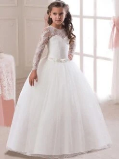 White Flower Girl Dresses Princess Pageant Dress Long Sleeve Lace Ball Gowns Kids Bow Sash Floor Length Long Party Dress