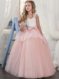 Flower Girl Dresses Soft Pink Kids Formal Dress Lace Bows A Line Girls Pageant Dress