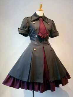 Gothic Lolita Dress OP Military Style Ruffle Bowtie Button Lace Up Burgundy Lolita One Piece Dress -AYA Cosplay Shop 201807061626118727593