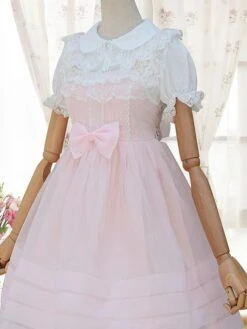 Sweet Lolita JSK Dress Organza Lace Bow Pink Lolita Jumper Skirt -AYA Cosplay Shop 201807121613440878382