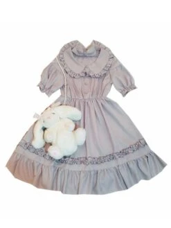 Sweet Lolita OP Dress Chiffon Ruffle Pleated Grey Lolita One Piece Dress -AYA Cosplay Shop 201807121614181863839