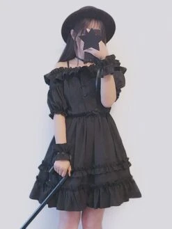 Sweet Lolita OP Dress Layered Ruffle Chiffon Black Lolita One Piece Dress -AYA Cosplay Shop 201807121614211948448