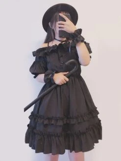 Sweet Lolita OP Dress Layered Ruffle Chiffon Black Lolita One Piece Dress